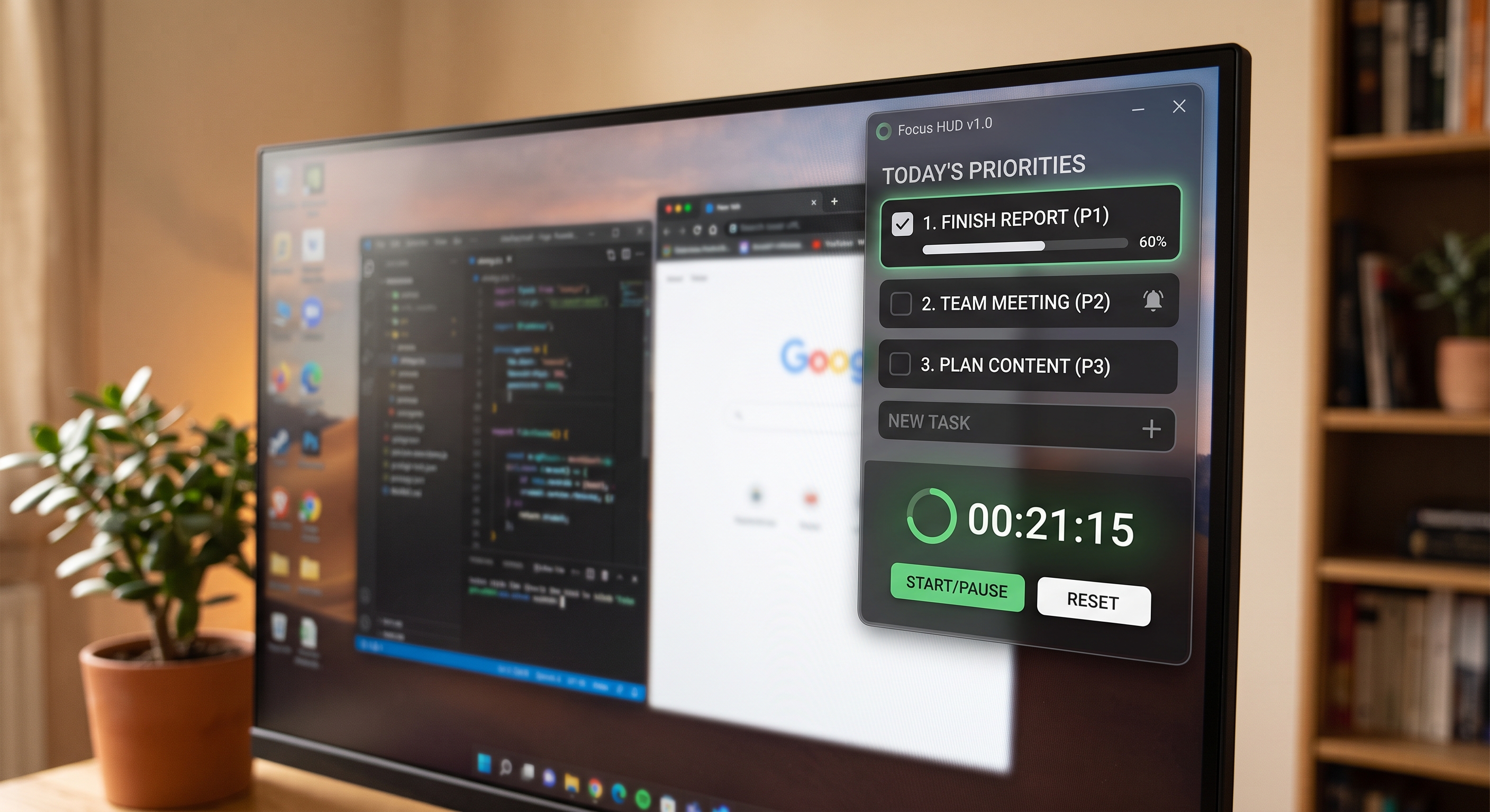 A Focus HUD desktop app with three priorities and a countdown timer