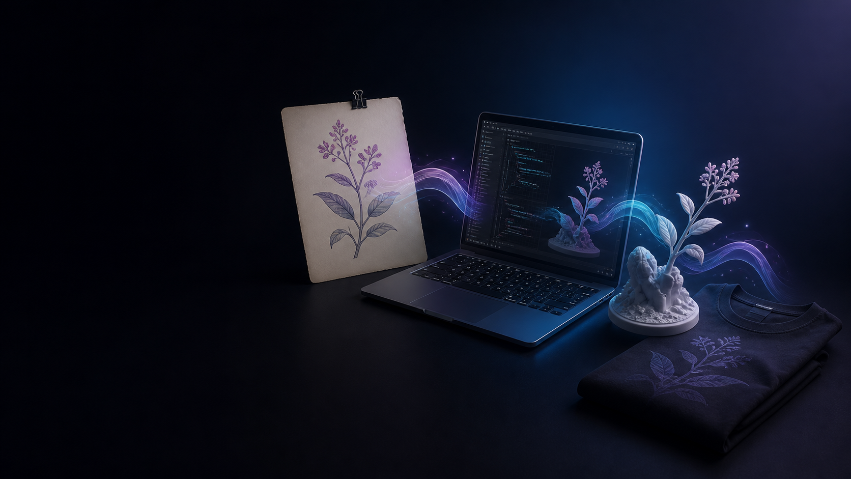 A botanical design moving from sketch to coding workspace, 3D model, and t-shirt
